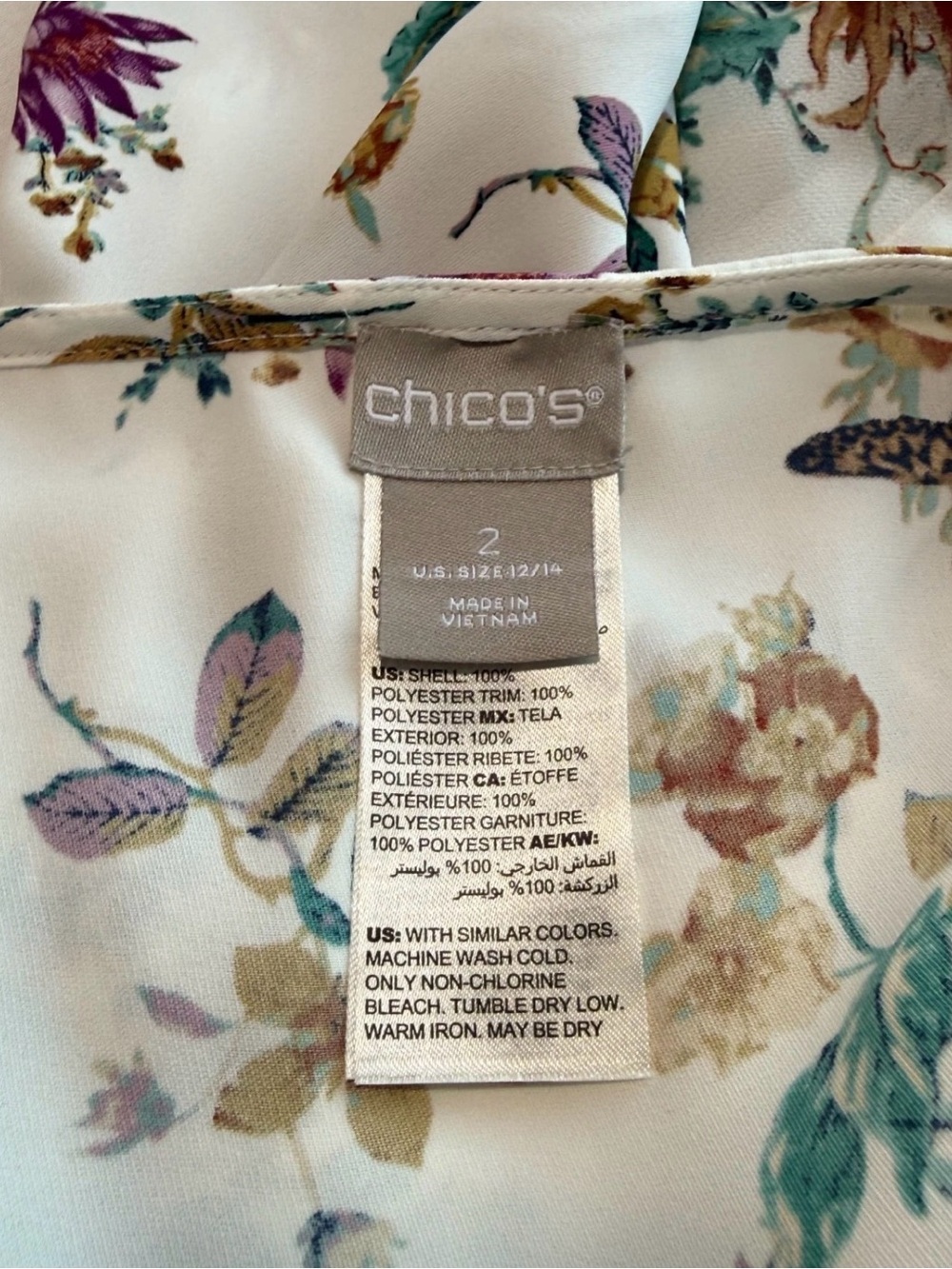 Chico's Top Women's XL White Floral 3/4 Sleeve Tie Hem Lightweight Flowy EUC - Picture 2 of 3